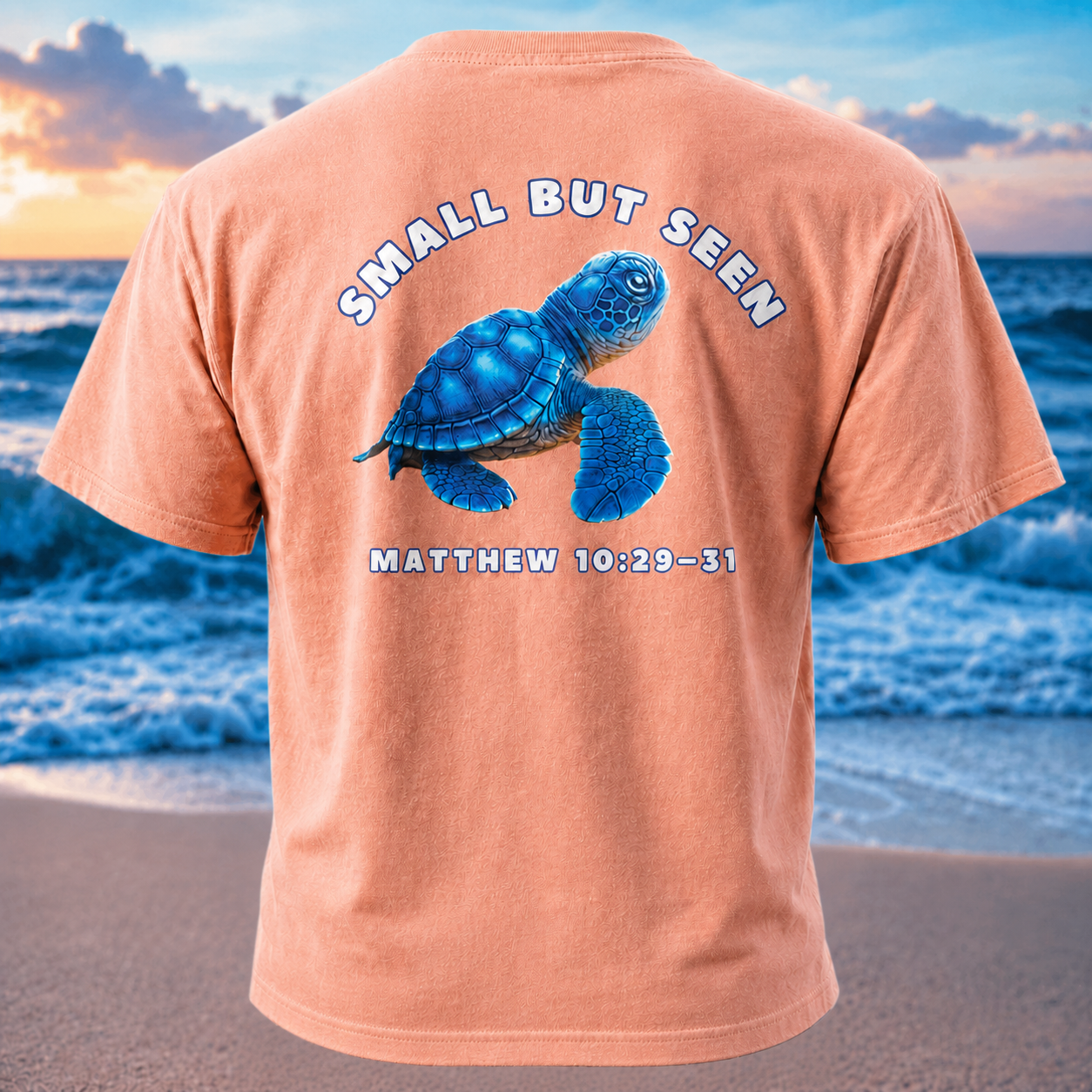 Christian Sea Turtle Hatchling T-Shirt – “Small But Seen” Matthew 10:29-31 Seek Truth Comfort Colors Tee