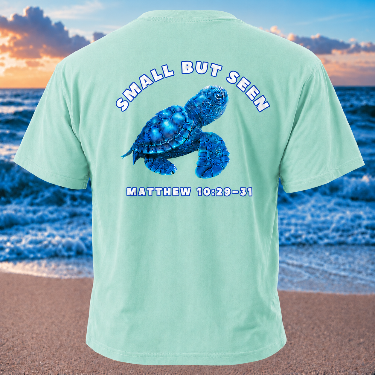 Christian Sea Turtle Hatchling T-Shirt – “Small But Seen” Matthew 10:29-31 Seek Truth Comfort Colors Tee