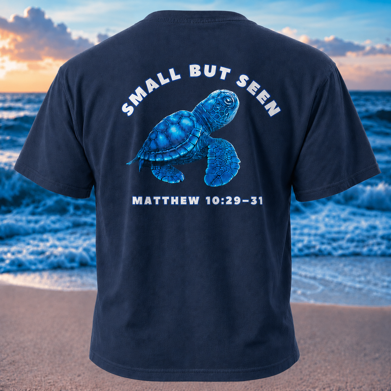 Christian Sea Turtle Hatchling T-Shirt – “Small But Seen” Matthew 10:29-31 Seek Truth Comfort Colors Tee