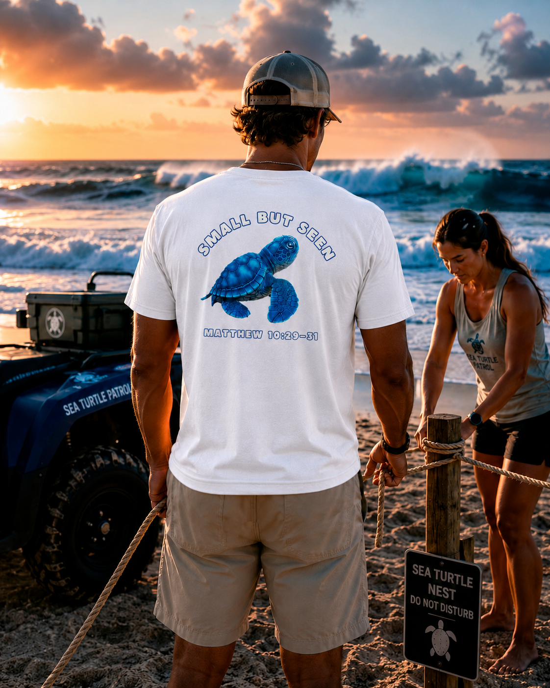 Christian Sea Turtle Hatchling T-Shirt – “Small But Seen” Matthew 10:29-31 Seek Truth Comfort Colors Tee
