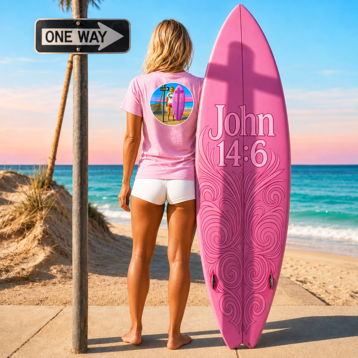 Person holding a pink surfboard with 'John 14:6' on it, standing on a beach.