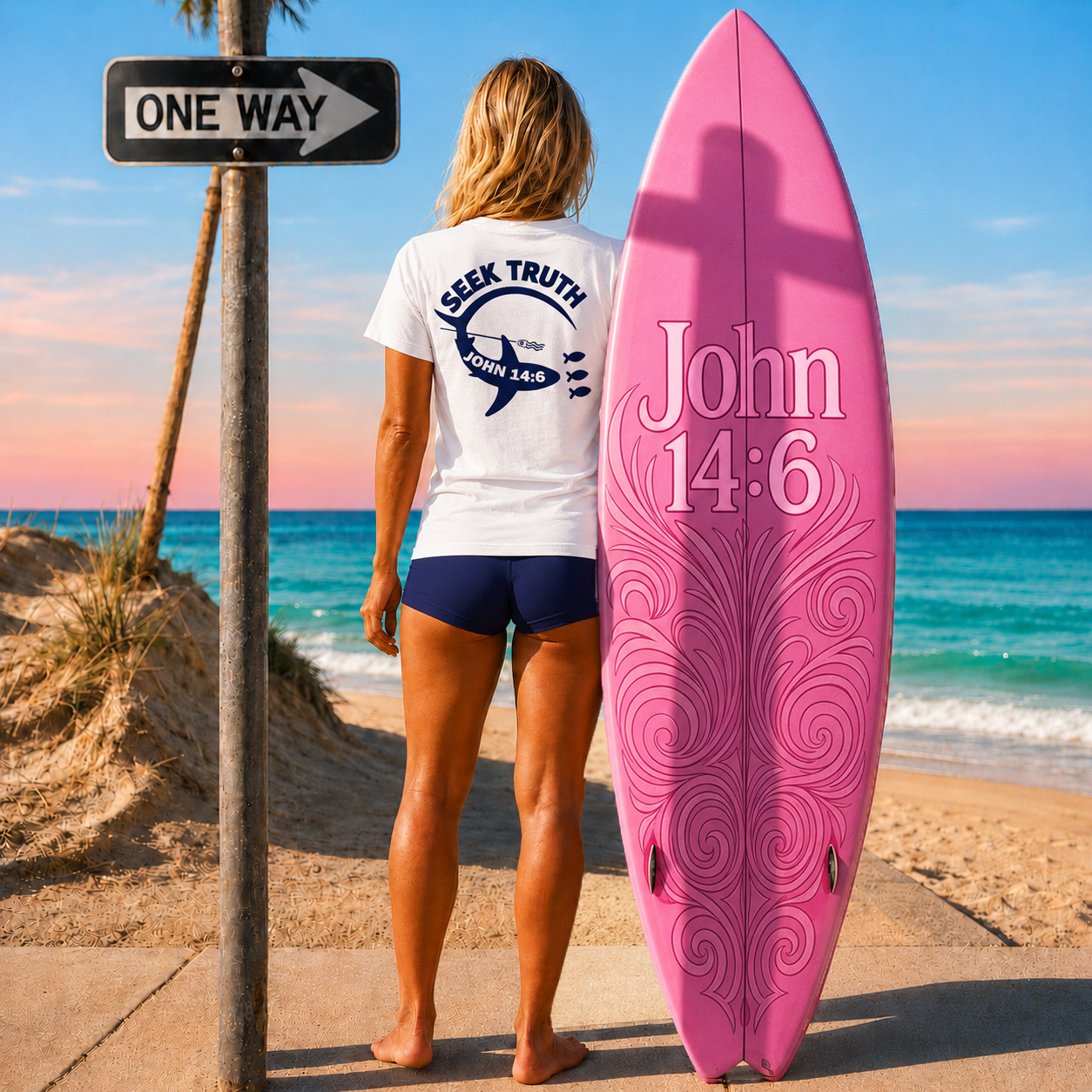 Person holding a pink surfboard with 'John 14:6' on a beach at sunset.