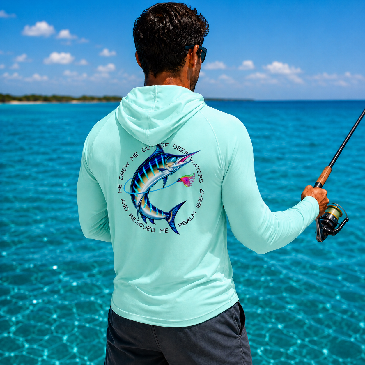 Man fishing in the ocean wearing a light blue hoodie with a fish design and text.