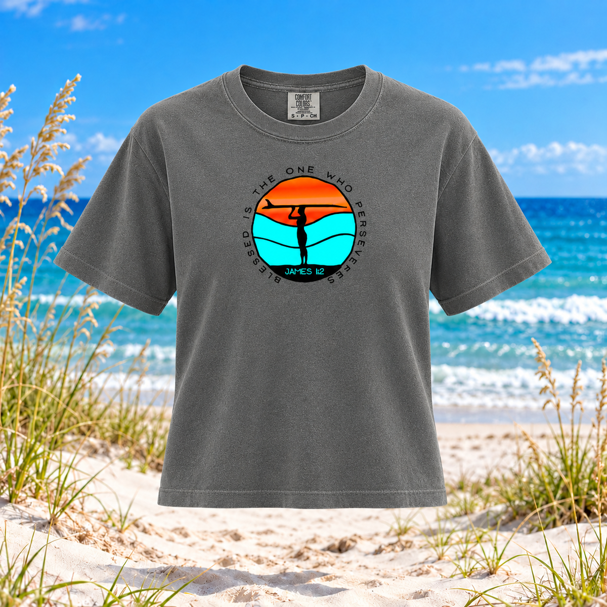 A dark gray crewneck t-shirt with a circular beach graphic on the chest, displayed against a blurred beach background with sand, ocean, and blue sky.