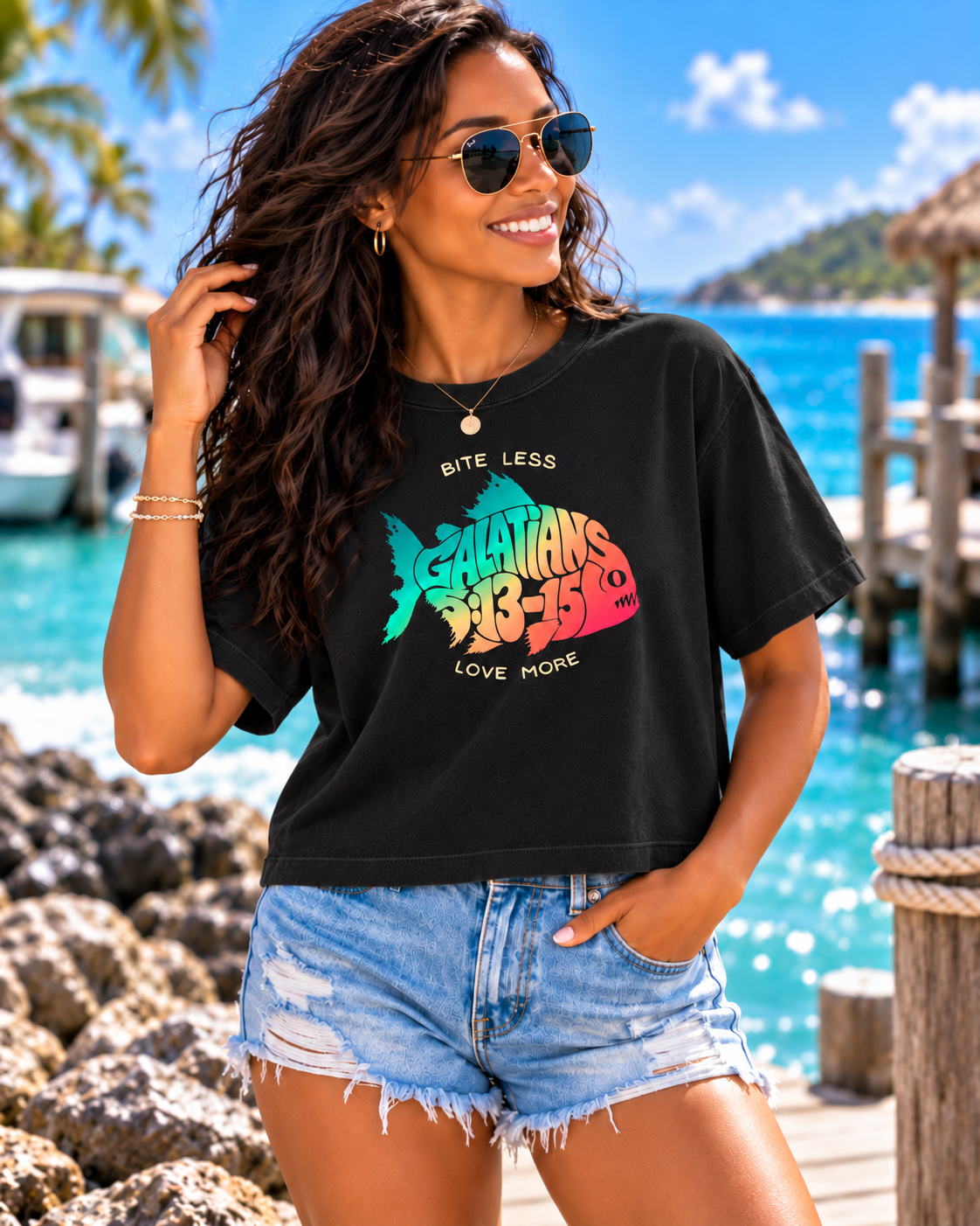 A woman wearing a black graphic t-shirt with a colorful fish design and the text 'BAITLESS' and 'LOVE MORE', paired with denim shorts, posing on a tropical beach with turquoise water and boats in the background.