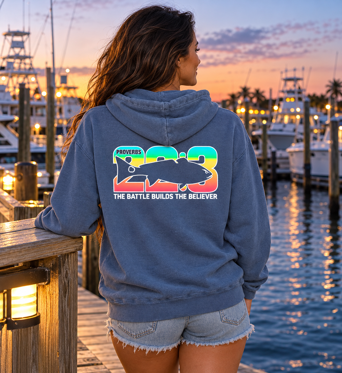 A woman stands on a wooden dock at sunset wearing a faded blue hoodie from the back, which features a large graphic of a fish and the text 'PROVERBS 25:3 THE BATTLE BUILDS THE BELIEVER' in rainbow colors. The background shows a marina with boats and water under a colorful twilight sky.