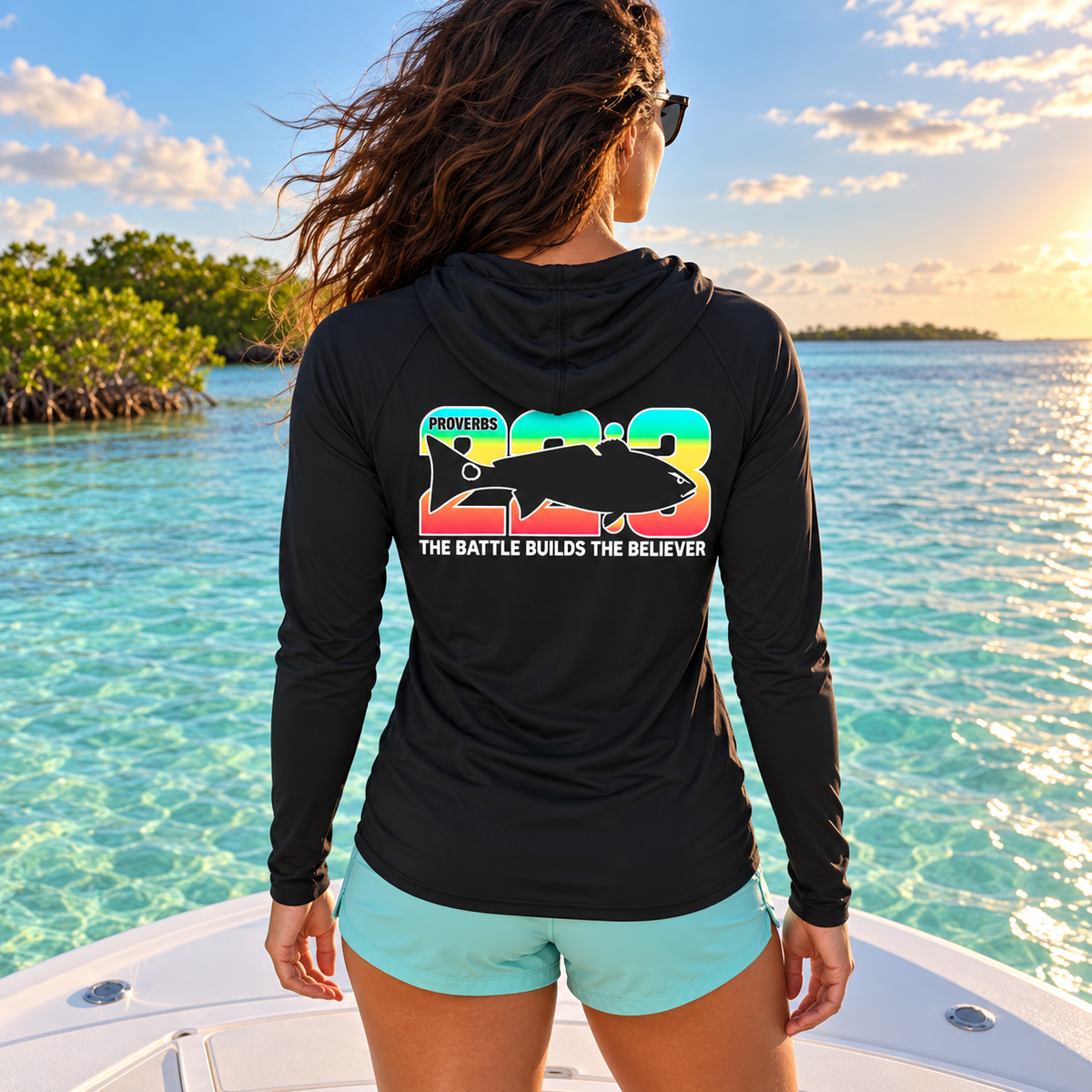 Proverbs 22:3 Christian Red Drum A4 Performance Long-Sleeve Hooded Shirt