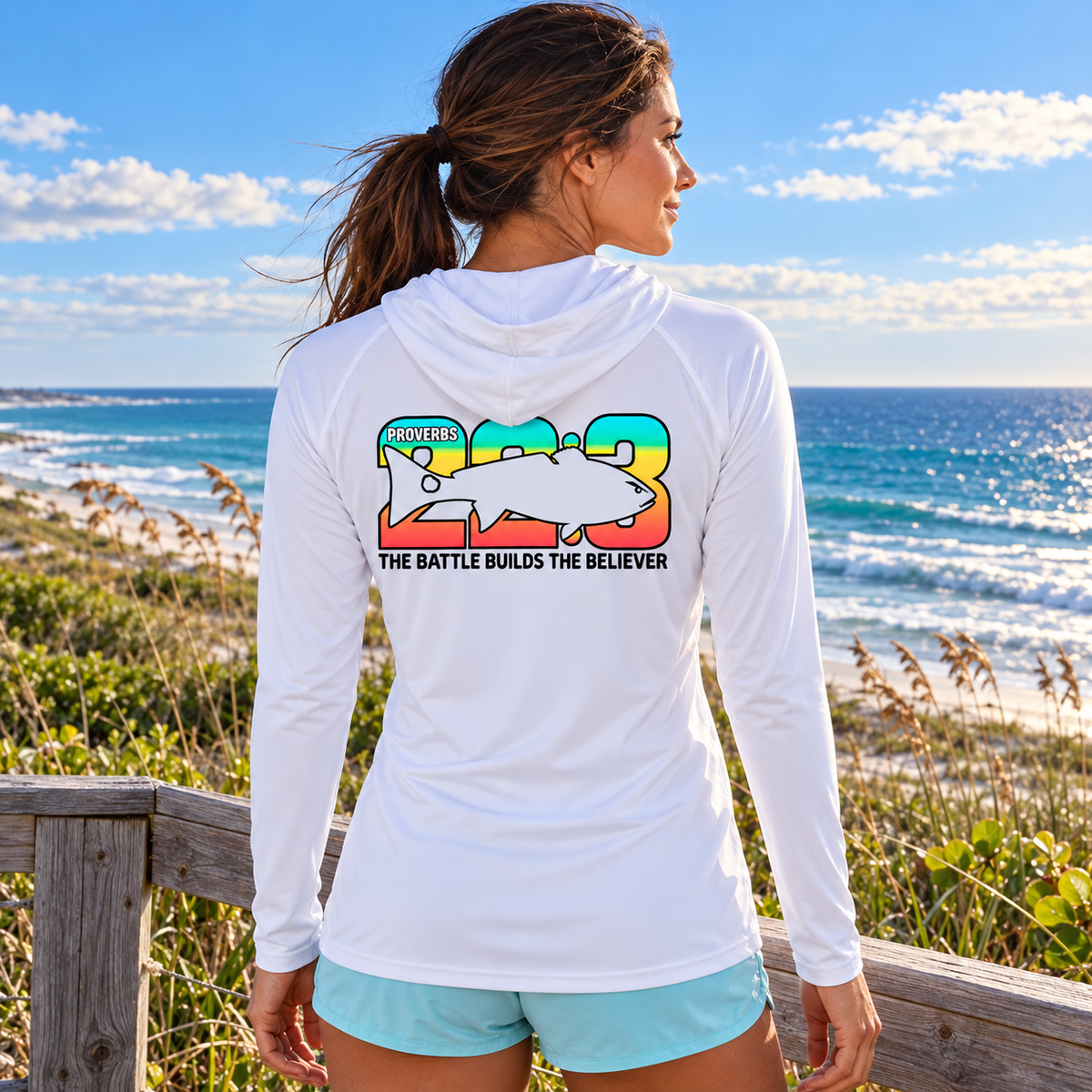 Proverbs 22:3 Christian Red Drum Light Performance Hooded Shirt