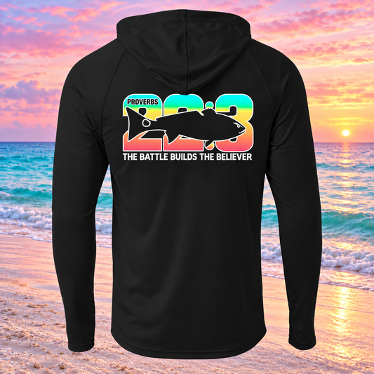 Proverbs 22:3 Christian Red Drum A4 Performance Long-Sleeve Hooded Shirt