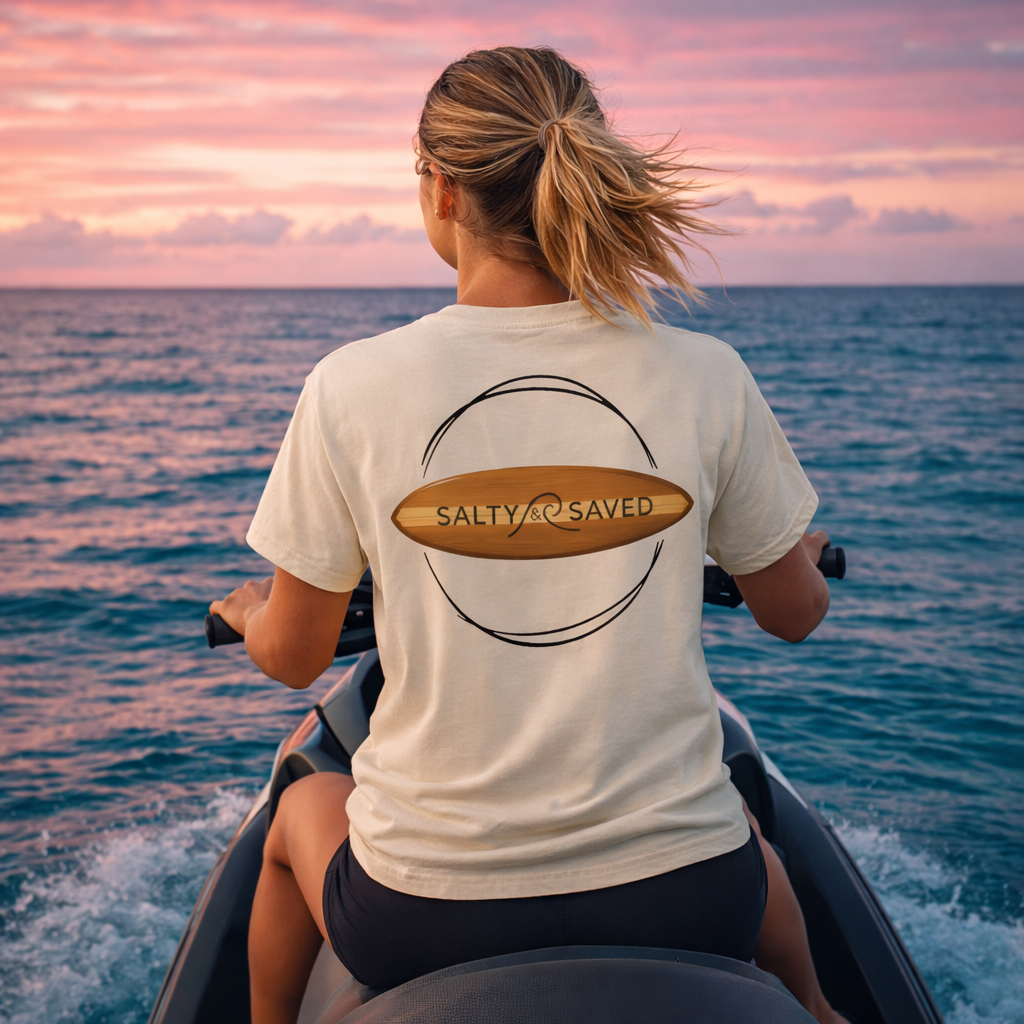 Person on a jet ski wearing a 'Salty & Saved' t-shirt with a sunset over water.