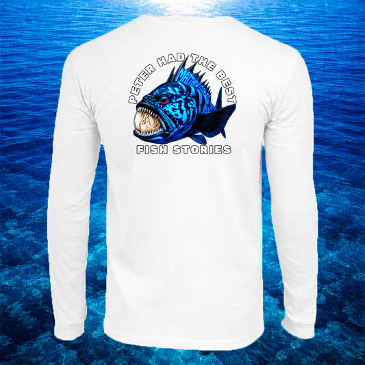 White long-sleeve shirt with a blue fish graphic and text on a blue water background