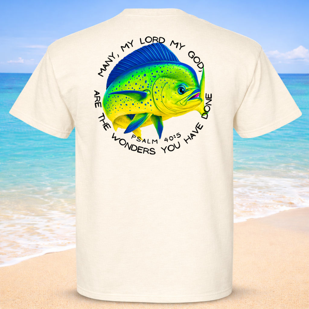 Beige t-shirt with a Mahi Mahi fish graphic and text on a beach background
