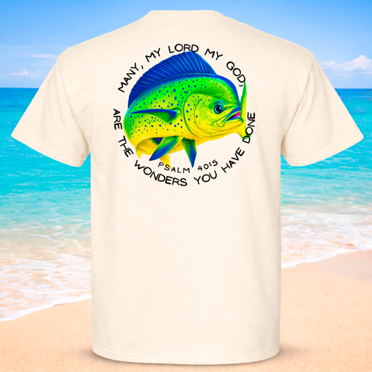Beige t-shirt with a Mahi Mahi fish graphic and text on a beach background