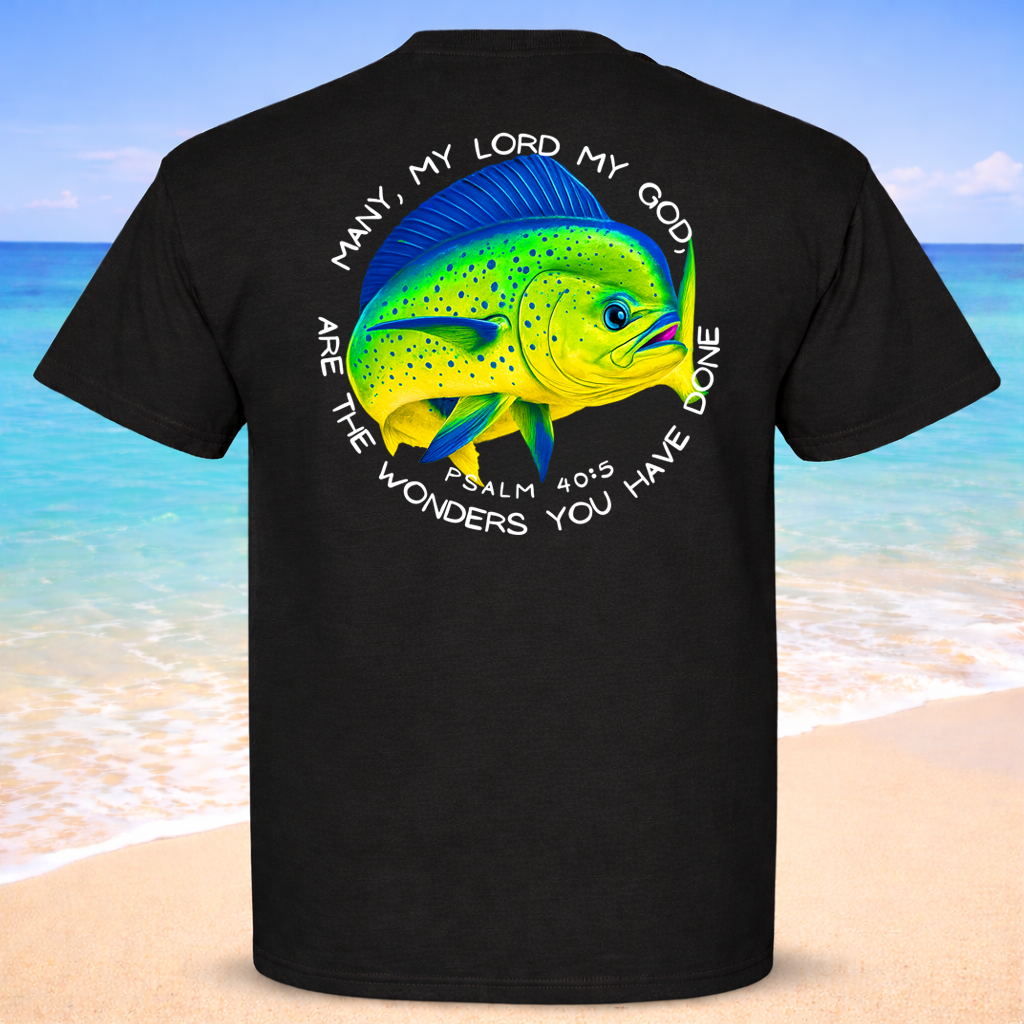 Black t-shirt with a colorful Mahi Mahi fish graphic and text on a beach background