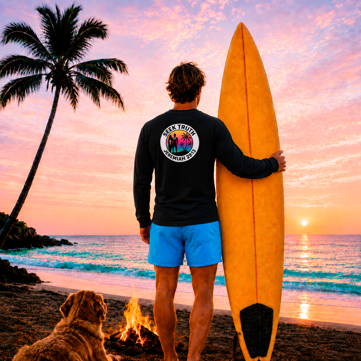 Man holding a surfboard on a beach with a palm tree and sunset in the background