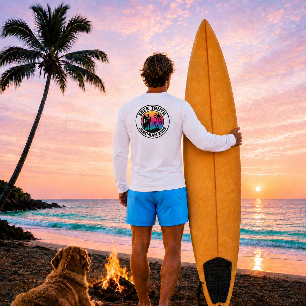 Man wearing a Seek Truth long sleeve Tee holding a surfboard on a beach with a palm tree and sunset in the background