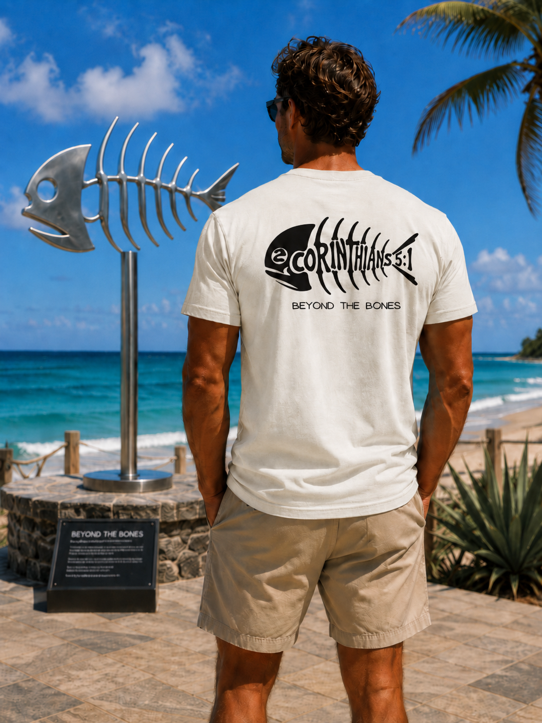 A man stands on a beach with his back to the camera, wearing a white t-shirt with a black fish skeleton graphic and the text '2 CORINTHIANS-5:1' and 'BEYOND THE BONES' printed on the back. A large silver fish skeleton sculpture is visible next to him.