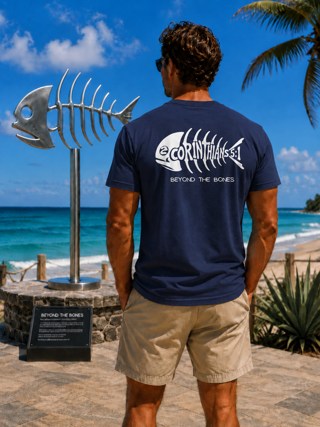 A man stands on a beach with the ocean and palm trees in the background, wearing a navy blue t-shirt with a white fish skeleton graphic and the text '2CORINTHIANS-5:1' and 'BEYOND THE BONES' on the back. To his left is a large metal fish skeleton sculpture on a stone base.