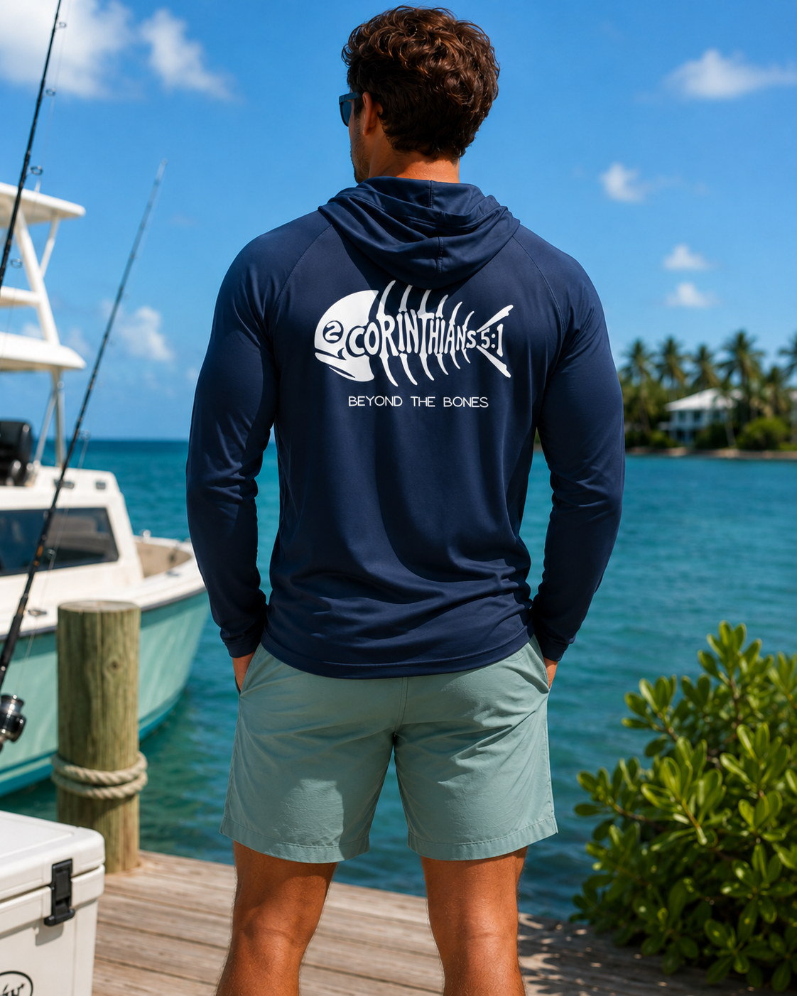 Christian 2 Corinthians 5:1 Bold White Fish Skeleton Performance Hooded Shirt