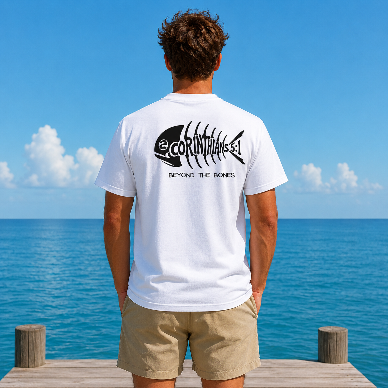 A man stands on a wooden dock with his back to the camera, wearing a white t-shirt with a black fish skeleton graphic and the text '2CORINTHIANS 5:1' and 'BEYOND THE BONES'. The background features a bright blue sky and ocean.