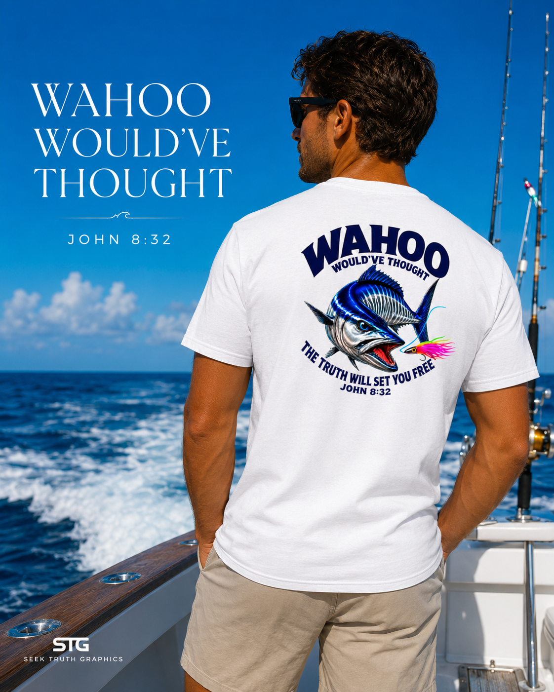 Man on Fishing Boat wearing Wahoo Graphic Tee Shirt