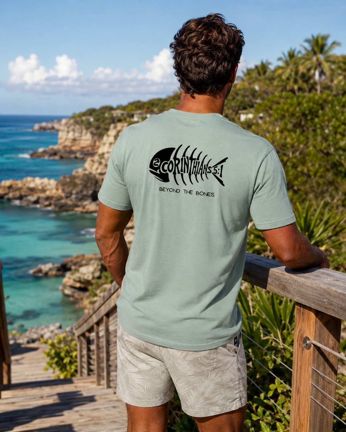 A man viewed from behind wearing a sage green t-shirt with a black fish skeleton graphic and the text '2 Corinthians 5:1 BEYOND THE BONES' on the back, standing on a wooden deck overlooking a scenic coastal landscape with turquoise water and rocky cliffs.