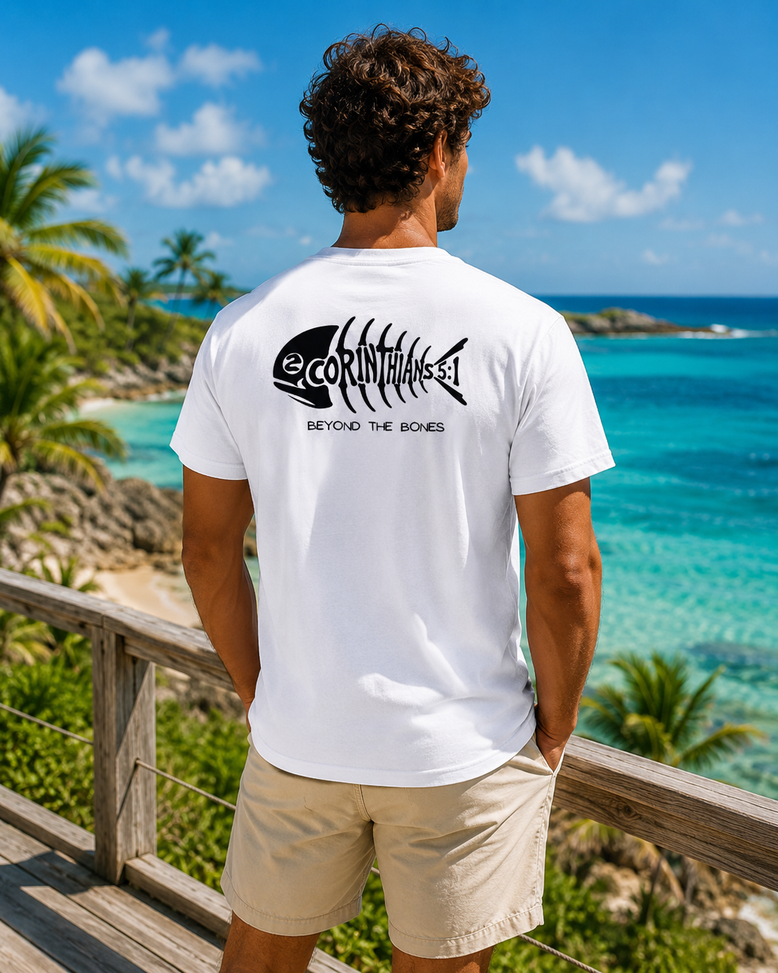 A man viewed from behind wearing a white t-shirt with a black fish skeleton graphic and the text '2CORINTHIANS-5:1' and 'BEYOND THE BONES' on the back, standing on a wooden deck overlooking a tropical beach with turquoise water and palm trees.