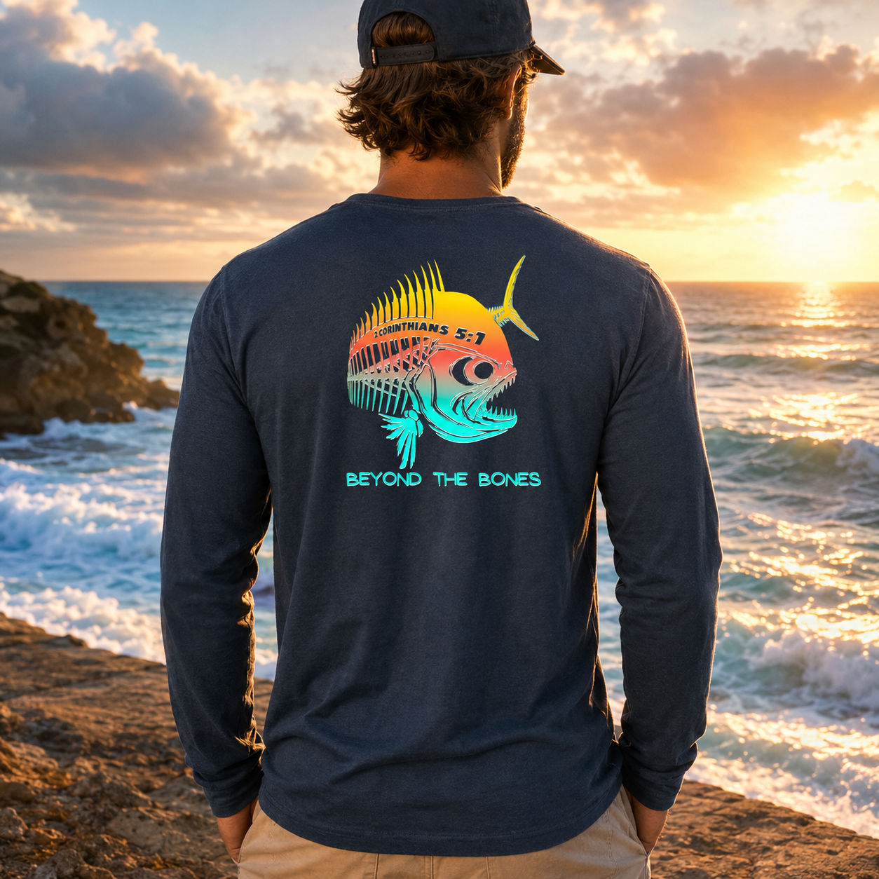 Beyond the Bones 2 Corinthians 5:1 Christian Fish Skeleton Long-Sleeve T-Shirt