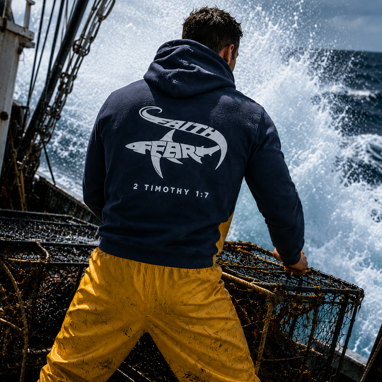 Person wearing a Seek Truth hoodie with a logo and text, standing on a boat with waves in the background