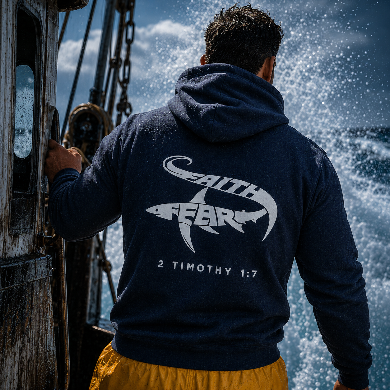 Person on a boat wearing a Seek Truth hoodie with a shark design and text, looking out at the water.