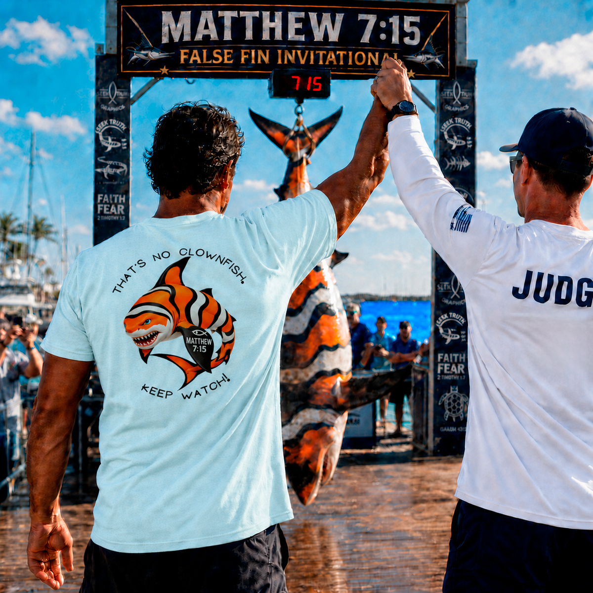 Two men in white t-shirts with a tiger graphic and text, standing in front of a large fish sculpture with a sign displaying 'Matthew 7:15 False Fin Invitation'.