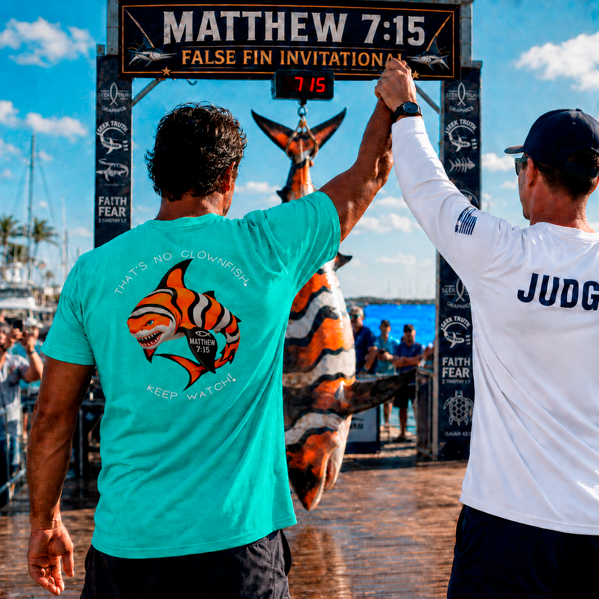 Two men giving each other a high-five in front of a large fish and a sign with 'Matthew 7:15 False Fin Invitation'.