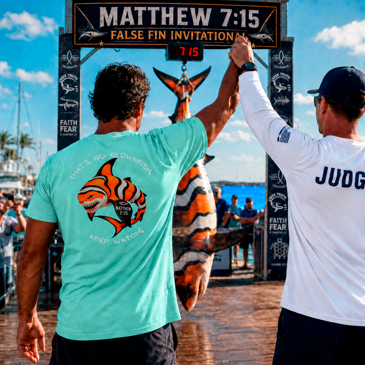 Two men standing on a dock with a large fish and a sign displaying 'Matthew 7:15 False Fin Invitation'.
