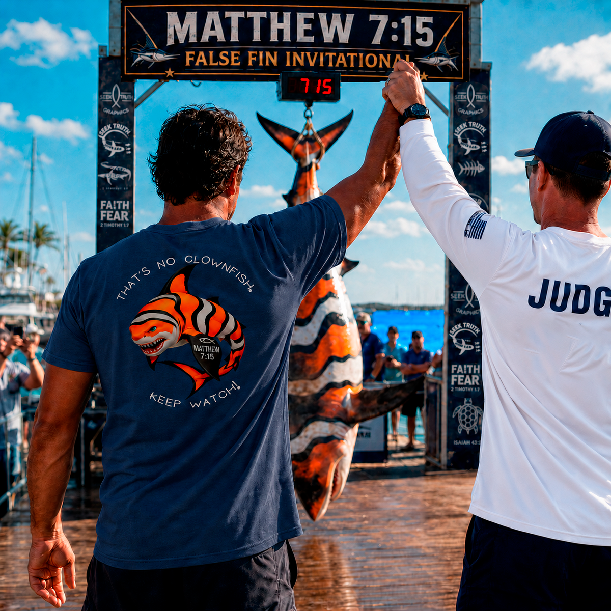 Two men giving a high-five in front of a large fish and a sign with 'Matthew 7:15 False Fin Invitation'.