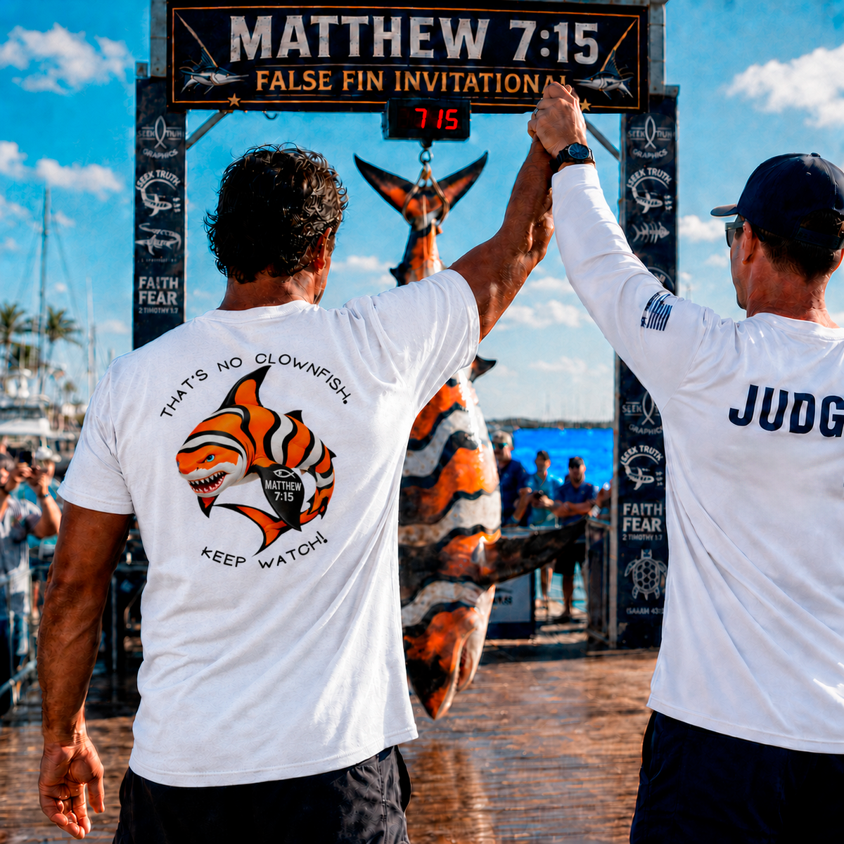 Two men in white t-shirts with a fish design and text, standing in front of a large fish sculpture with a sign displaying 'Matthew 7:15 False Fin Invitation'.