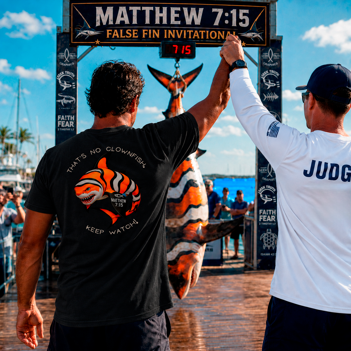 Two men giving each other a high-five in front of a large fish and a sign with 'Matthew 7:15 False Fin Invitation'.