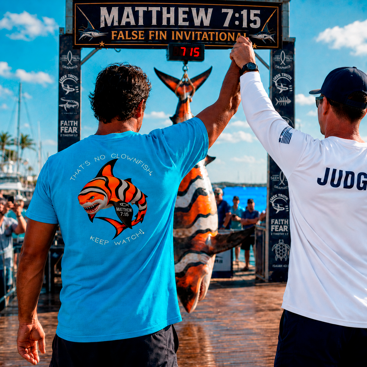 Two men high-fiving in front of a large fish statue with a sign displaying 'Matthew 7:15 False Fin Invitation'.