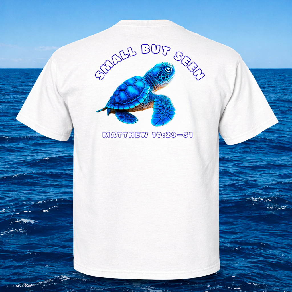 Christian Sea Turtle Hatchling T-Shirt – “Small But Seen” Matthew 10:29-31 Seek Truth Comfort Colors Tee
