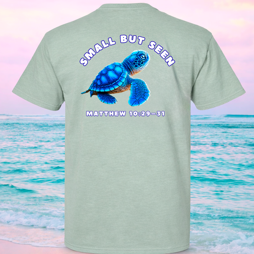 Christian Sea Turtle Hatchling T-Shirt – “Small But Seen” Matthew 10:29-31 Seek Truth Comfort Colors Tee