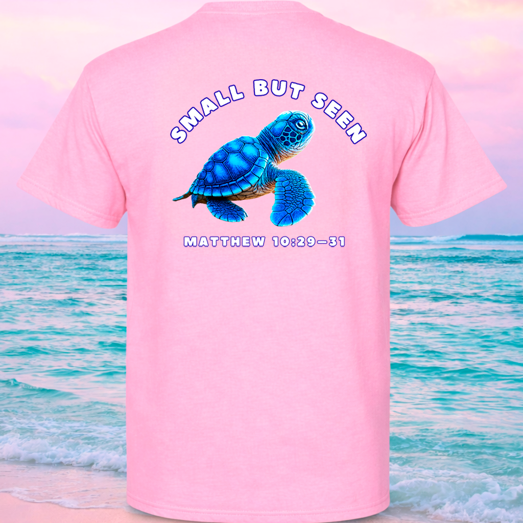 Christian Sea Turtle Hatchling T-Shirt – “Small But Seen” Matthew 10:29-31 Seek Truth Comfort Colors Tee
