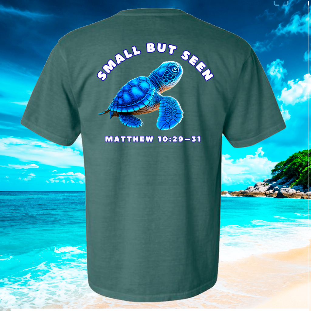 Christian Sea Turtle Hatchling T-Shirt – “Small But Seen” Matthew 10:29-31 Seek Truth Comfort Colors Tee