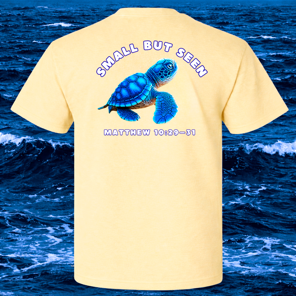 Christian Sea Turtle Hatchling T-Shirt – “Small But Seen” Matthew 10:29-31 Seek Truth Comfort Colors Tee