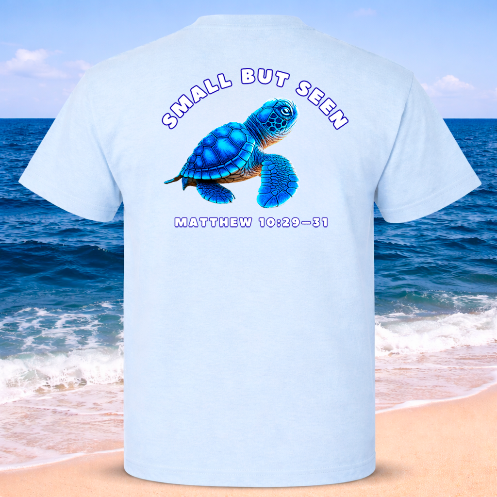Christian Sea Turtle Hatchling T-Shirt – “Small But Seen” Matthew 10:29-31 Seek Truth Comfort Colors Tee