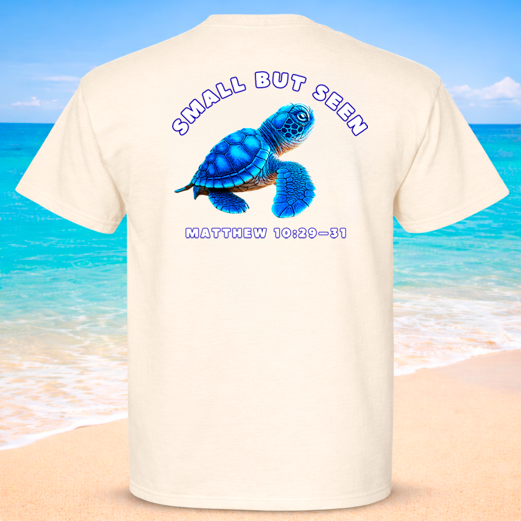 Christian Sea Turtle Hatchling T-Shirt – “Small But Seen” Matthew 10:29-31 Seek Truth Comfort Colors Tee