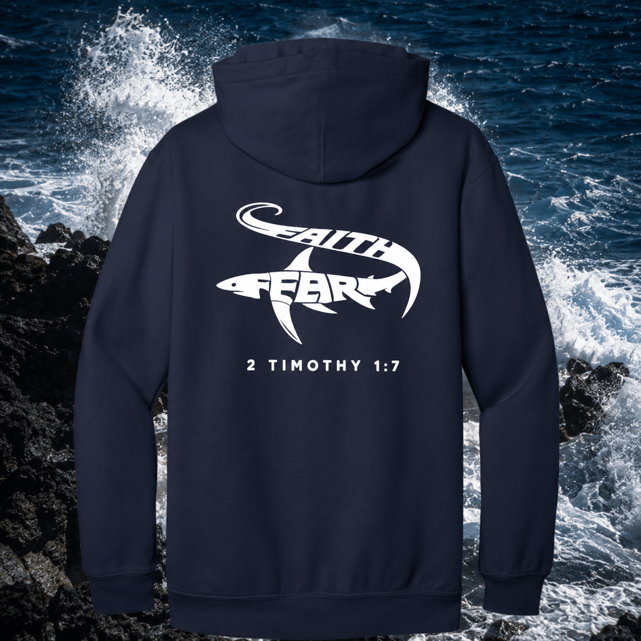 Navy Seek Truth hoodie with 'Faith Over Fear' design and biblical verse on a rocky shoreline background