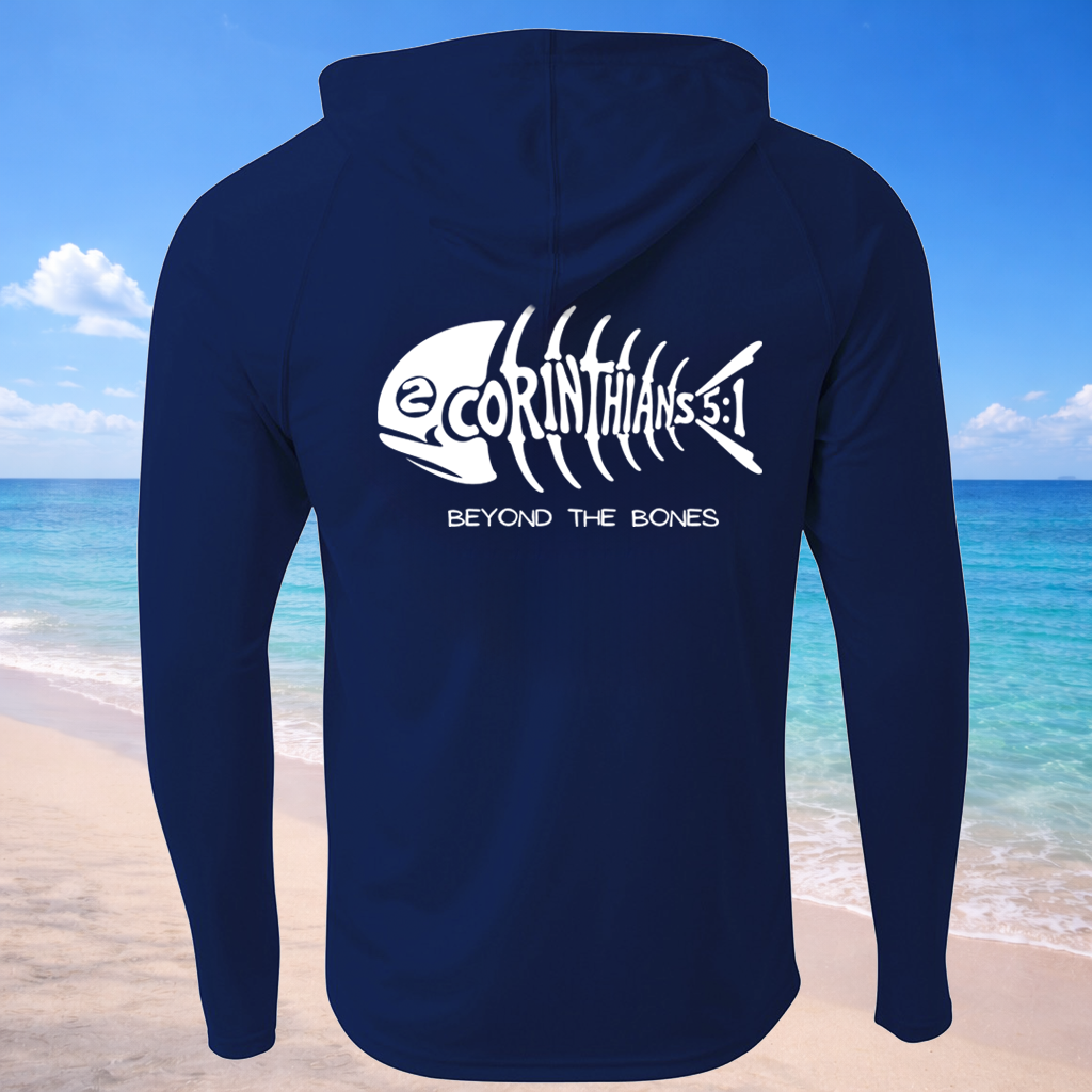 Navy blue long-sleeve hooded shirt with a white fish skeleton graphic and the text '2 CORINTHIANS 51' and 'BEYOND THE BONES' on the back. 