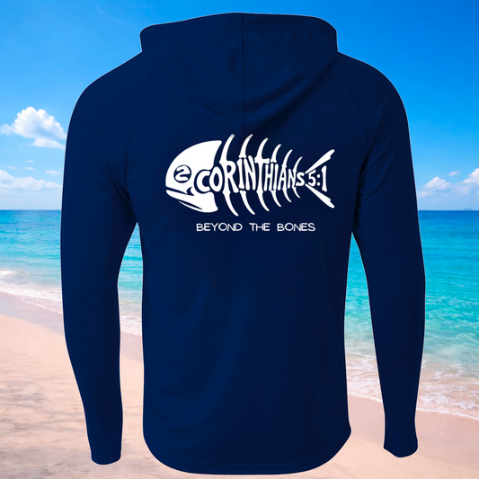 Navy blue long-sleeve hooded shirt with a white fish skeleton graphic and the text '2 CORINTHIANS 51' and 'BEYOND THE BONES' on the back. 