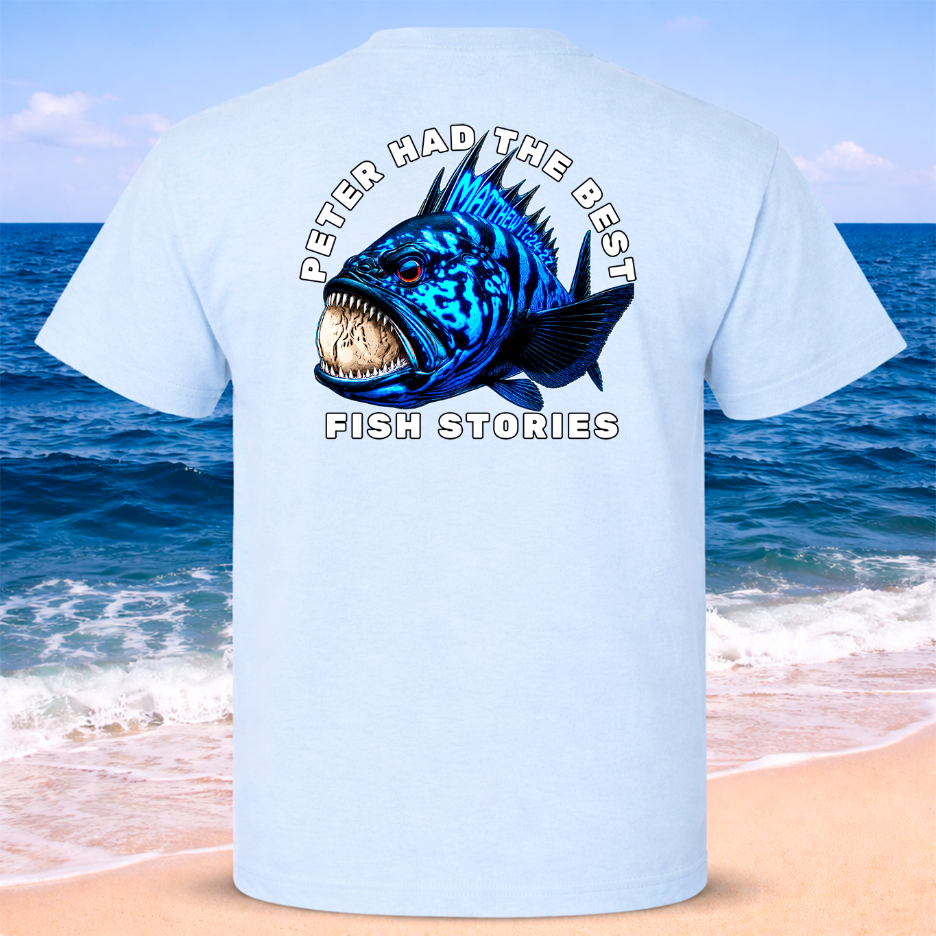 Blue Comfort Colors 1717 T-shirt featuring the Matthew 17-27 Fish Coastal Christian graphic by Seek Truth 