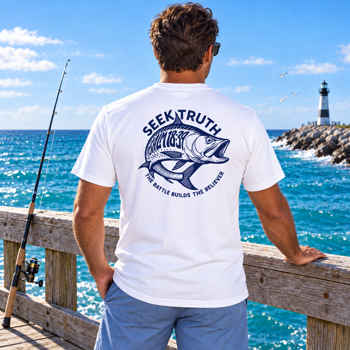 A man stands on a wooden dock by the ocean, viewed from behind, wearing a white t-shirt with a large navy blue fish graphic and the text 'SEEK TRUTH FISHING THE BATTLE BUILDS THE BELIEVER' on the back. A fishing rod rests on the dock beside him, with a lighthouse and blue sea in the background.