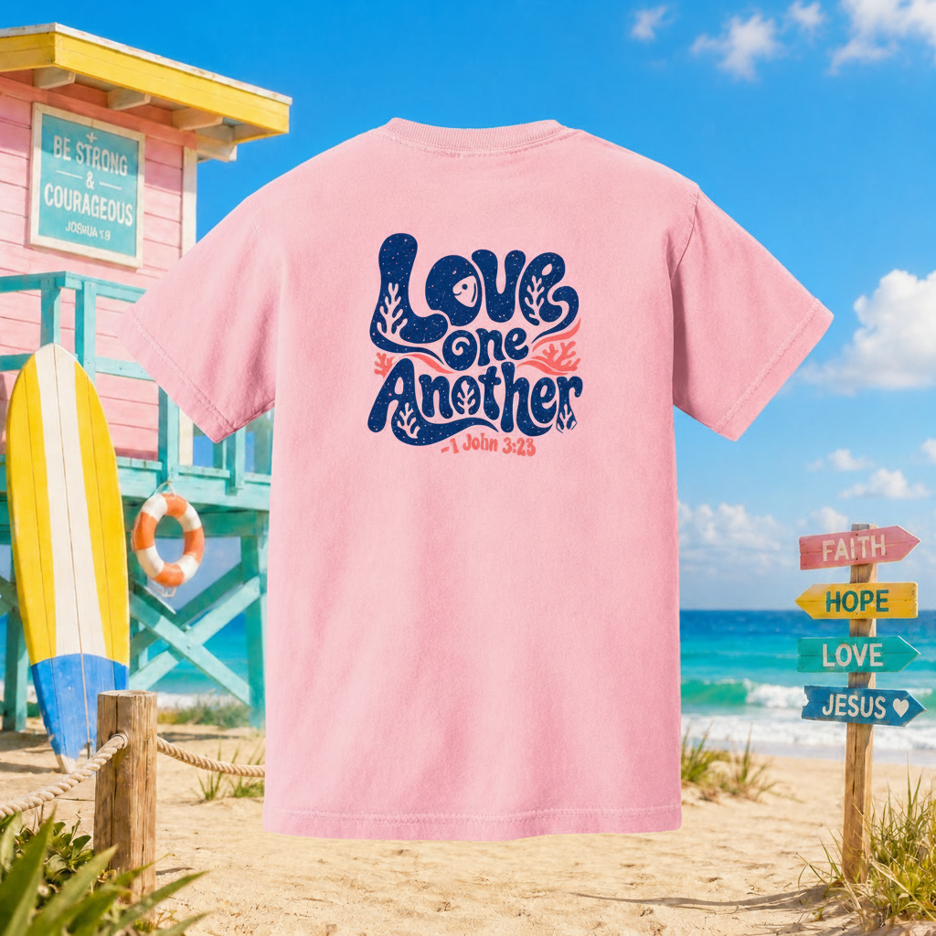 Pink t-shirt with 'Love One Another' text on a beach background